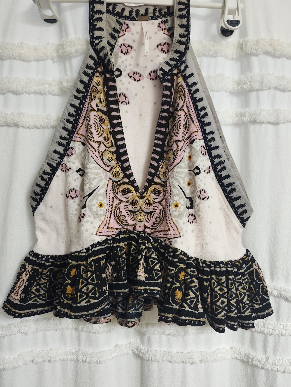 Free People, Boho Embroidered Pink & Black Ruffled Halter Top. Quite Firm $.